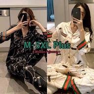 COD Sleepwear Fashion Pajama Terno for Women Long Sleeve Pijamas Black White Chain Satin Silk Pajamas PHSS