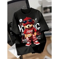 Hip Hop Music 2025 new bear cartoon print t-shirt and graffiti text for men short sleeve round neck 