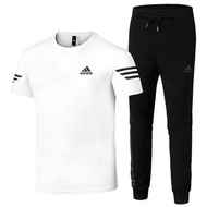 愛迪達 運動套裝 兩件組 圓領短袖T恤+窄管運動長褲 棉質 素色簡約 黑白 素色簡約 高爾夫 慢跑 大學籃球訓練 透氣