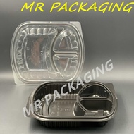 3 Compartment Lunch Box with Lid [ 50pcs± ] EC - Disposable PP Plastic Food Bento Dome Cover - [ Bla