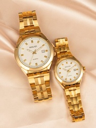 HALEI 2入組情侶黃金不鏽鋼防水石英手錶，適合商務人士
