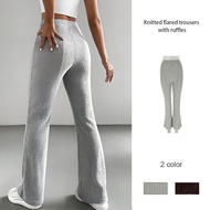 【Malaysia stock】Solid Color Bell-bottom Trousers Knitted Ribbed Pants Versatile Slim Fitting Women C