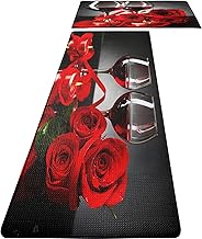 FNLNDO Red Wine Kitchen Rugs and Mats Set of 2 Modern Rose Anti Fatigue Kitchen Floor Mat Non-Skid W