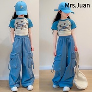 Girls Street Style Cargo Pants Set - Summer Short Sleeve Hip Hop Outfit