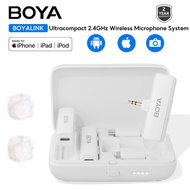 BOYA BOYALINK White 2.4GHz Dual-Channel Wireless Lavalier Microphone Support Smartphone Speakers with Lightning 3.5mm TRS USB-C Adapter Charging Case for iPhone Android Camera DSLR Laptop Recording Live Streaming