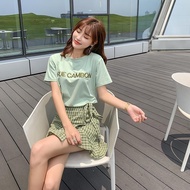 Two-Piece Suit/One-Piece Summer New Korean Style Embroidered Short Sleeve T-shirt Plaid Lace-up Skirt for Women Fresh