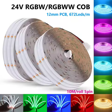 DC 24V RGBW RGBWW 5pin COB LED Strip 10M 672LEDs/M RA90 High Density Room Decor 12mm PCB Flexible Ri