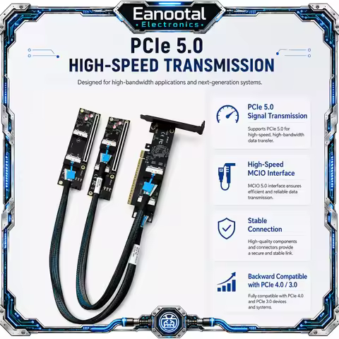 MCIO 5.0 to PCIe X16 Bifurcation Kit GPU Riser Expansion Adapter with Backplane Cable for Server Wor