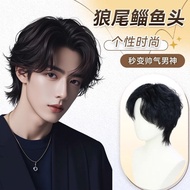 Rambut Palsu Ekor Serigala untuk Lelaki Kepala Penuh Rambut Asli Asli Rambut Panjang Bob Tekstur Mik