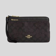 COACH Double Zip Wallet In Signature Canvas Walnut/Black CX161