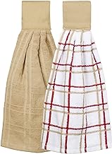 Ritz Premium 100% Cotton Solid and Multi Check Kitchen Tie Towel, Absorbent, Super Soft, and Fast Drying Hang Towel, Set of Two, Biscotti