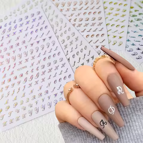 1pc Gold Silver English Letter Nail Sticker Black Laser 3D Alphabet Self Adhesive Decal English Word