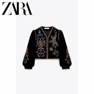 Zara ใหม่ เสื้อแจ็กเก็ตสูท ผ้ากํามะหยี่ ปักลาย สีดํา