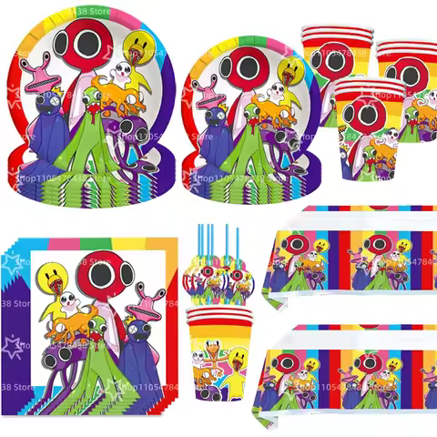Rainbow Friends Party Decorations Disposable Tableware Banner Tablecloth Gift Bag Paper Plates Party