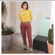 Celana Panjang Wanita Kotak Pants Tartan Casual Cewek Katun Merah