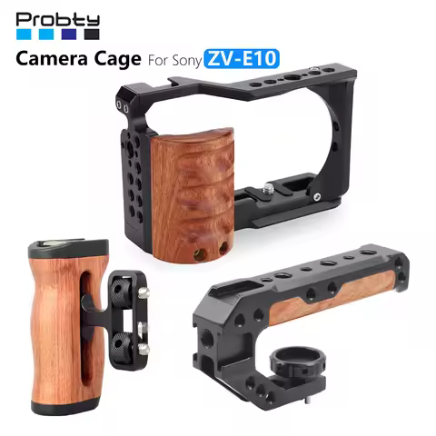 Probty ZV-E10 Camera Cage with Wooden Grip Cage for Sony ZV-E10 with Built-in Quick Release Plate Co