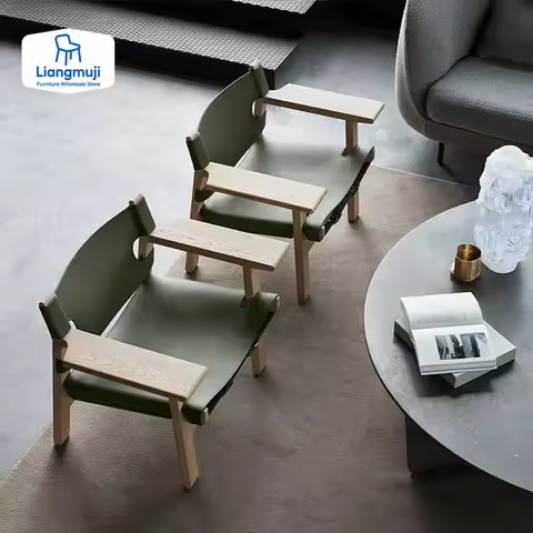 Living Room Leisure Chair, Nordic Solid Wood Single Chair,Spanish Hunting Chair, Designer Saddle Lea