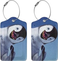 2 Pack Pu Leather Luggage Tags for Suitcase, Smile Animated Blue Baby Penguins Luggage Tag with Privacy Flap, Name Id Label and Metal Loop for Women Men Baggage Handbag Backpack