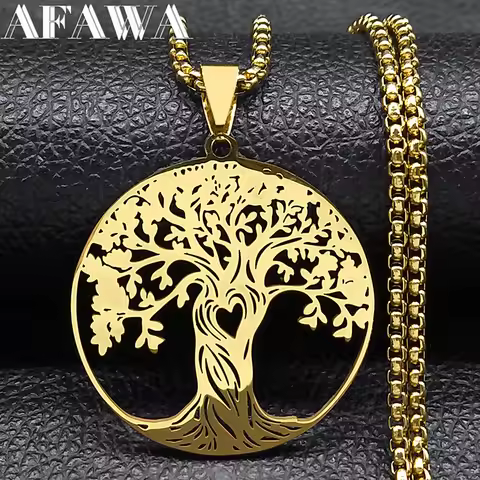 Aesthetic Tree of Life Love Heart Necklace for Women Men Stainless Steel Gold Color Lucky Amulet Cha