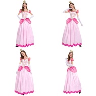 Womens Mario Super Princess Peach Cosplay Costume Pink Party Dress Halloween