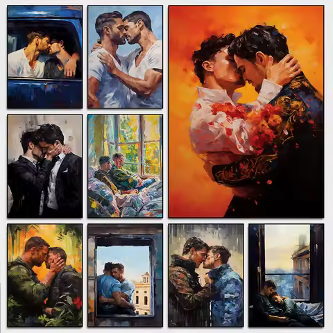 classic Gay Muscular Man Couple Autumn Lovers kiss Vintage Poster Canvas Printing Wall Art Pictures 
