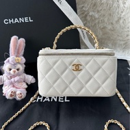 【配件：防塵袋 💕】Chanel 24A 長盒子 白金 白色 金扣 手柄 荔枝牛皮 手提 單肩 斜挎