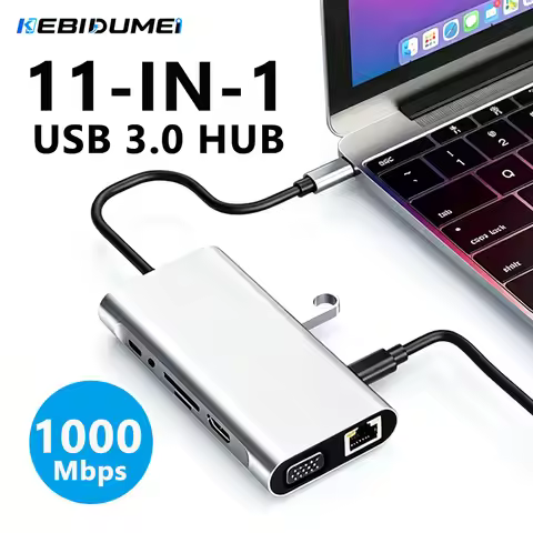 KEBIDUMEI USB 3.0 HUB 11 In 1 Type-C Docking Station 1000Mbps Network Adapter PD VGA HDMI AUX SD TF 