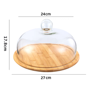 🔥Ready Stock🔥 Bamboo Plate [27cm/29cm/32cm] with Glass Cover [24cm/26cm/29cm] Cake/Dessert/Pastries 