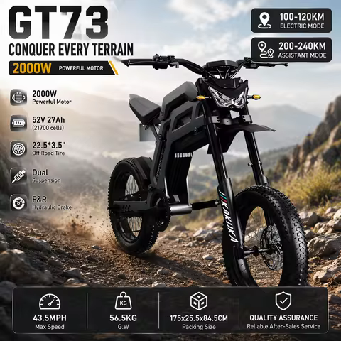 OBX GT73 E-Bike 2000W Electric Bike 52V 27Ah Long Range E-Bike, 43.5MPH Fast Speed, Dual Suspension 