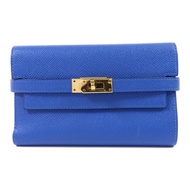 HERMES Epsom皮革Kelly Short Wallet金扣錢包Blue Zanzibar