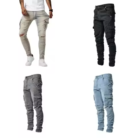 Autumn Winter New Men's Clothing Solid Color Stretch Multi-Bag Skinny Pants Slim Slimming Denim Carg