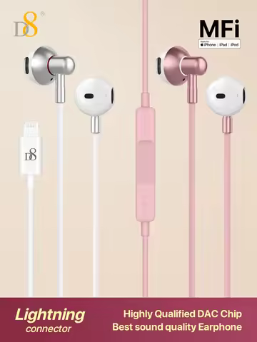 D8 Headphones with Lightning Connector. Microphone with Built-in Remote to Control Music, Phone Call