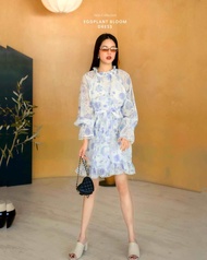 Sugarbird- Eggplant Bloom Dress ชุดเดรสลายดอกไม้แต่งริมลูกไม้ทรงแขนยาวพร้อมสายผูก