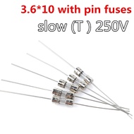 10pcs/lot 3.6*10 T Glass fuse Slow blow 250V T0.5A 1A 1.6A 2A 2.5A 3A 3.15A 4A 5A 6A 6.3A 8A 10A 15A