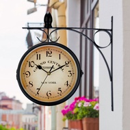 Double Sided Train Station Clock Waterproof Wall Clock for Garden Retro Wrought Iron Metal Wall Cloc
