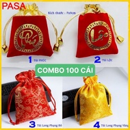 100 Velvet Brocade Bags with Feng Shui Lucky Letters 7x9cm Lucky Red for Coins - Bracelets [Feng Shu