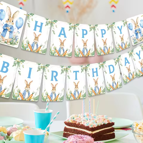 16pcs Peter Rabbit Birthday Banner Set, Simple Design Decorations, Room Decoration, Party Supplies, 