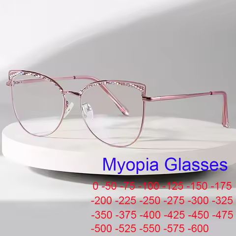 Metal Cat Eye Anti Blue Light Myopia Glasses Women Fashion Brand Big Frame Computer Glasses Finished
