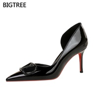 [7cm]BIGTREE Women's Stiletto Heels Pointed Toe9265-AK117Sexy Buckle Patent Leather Side Hollow Wome