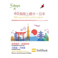 日本Softbank 5日4G 6GB之後3G無限上網卡電話卡SIM卡data