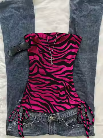 cropped top Women's summer vacation pleated lace up leopard print vest, sleeveless zebra print top, 