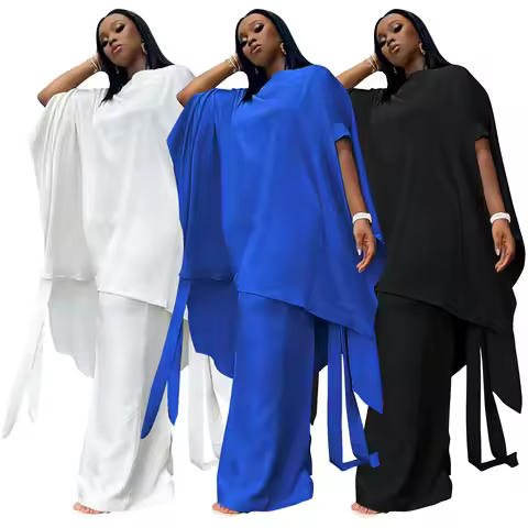 Plus Size Summer N8172 Silk Satin Set Design Shoulder Shawl Top Wide Leg Pants Outfit Elegant Street