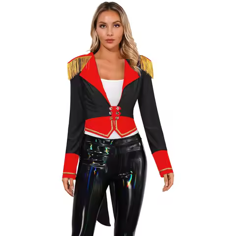 Womens Circus Ringmaster Costume Outerwear Medieval Halloween Cosplay Costume Deep V Neck Double-Bre