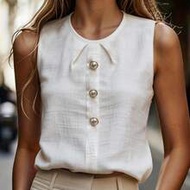 Zanzea Women's Summer Versatile White Crew Neck Casual Tank Top,Sleeveless Linen Blouse,Elegant Clas