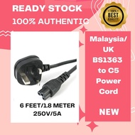 🔌[P01] Power Cord C5 cable, Malaysia & UK BS-1363/A 5A-250V standard (6 Feet/1.8 Meter)