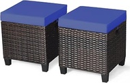 2PCS Patio Outdoor Ottomans, Rattan Wicker Ottoman Seat w/Removable Cushions, Rattan Footstool Footr