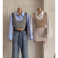 [SG INSTOCKS] Korean Academia Fake 2 Piece Knitted Vest Top + Puff Sleeves / Long Sleeve Top