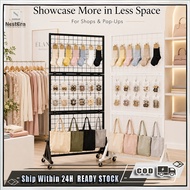 Foldable Mobile Grid Display Rack Pegboard Rack With Wheels Metal Mesh Stand For Snacks Tools Bags C