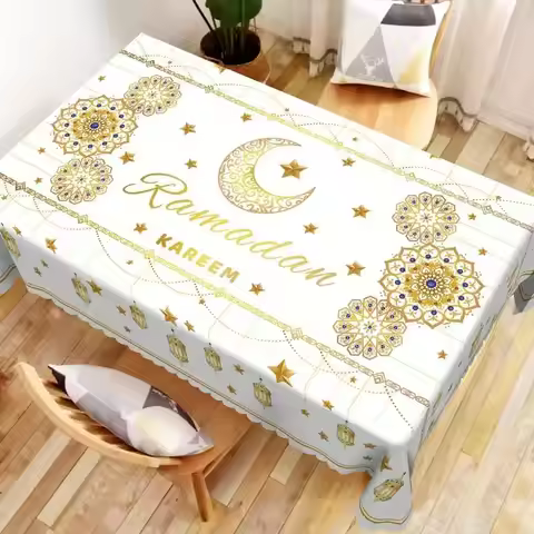 Ramadhan Kareem Tablecloth Party Decor White Golden Moon Star Lantern Print Eid Mubarak Dining Table