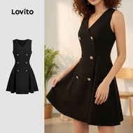 Lovito Women's Elegant Black Button Front Dress L135AD890